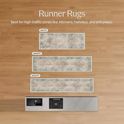 RUGGABLE Washable Vintage Runner Rug – Kamran Blue Quartz 2.5x10, Stain-Resistant, Non-Slip Hallway Runner – Machine Washable Rug for Hallway, Entryway, Living Room & Kitchen–with Cushioned Pad