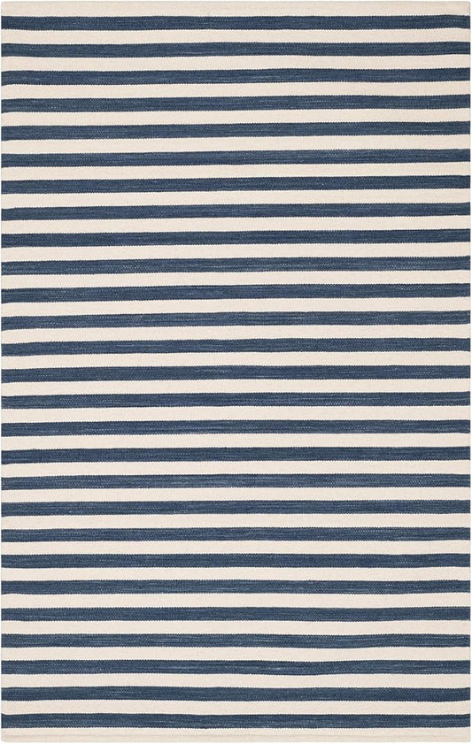 Home Conservatory Ladder Stripe Navy/Ivory Handwoven Wool 6 X 9 Feet, Blue/Ivory Stripe Pattern