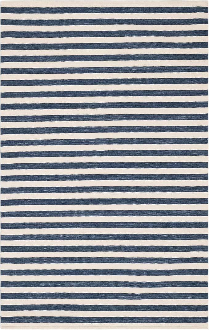 Home Conservatory Ladder Stripe Navy/Ivory Handwoven Wool 8 X 10 Feet, Blue/Ivory Stripe Pattern