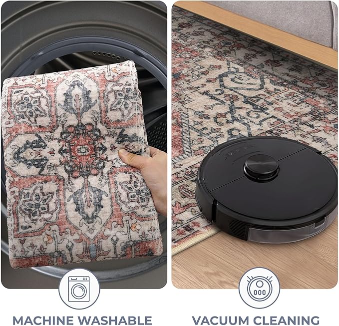 KOZYFLY Runners for Hallways 2x8 Ft Washable Kitchen Runner Rug Boho Entry Rug for Hallways Indoor Printed Faux Wool Long Floor Carpet for Entryway Bedroom Kitchen Hallway, Terracotta/Beige