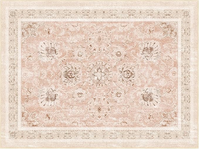 Phantoscope Washable Area Rug 9'x12' Non-Slip, Vintage Neutral Rugs for Living Room, Bedroom, Dining Room, Distressed Boho Floral Medallion Pattern, Low-Pile Foldable Floor Carpet, Soft Pink/Beige