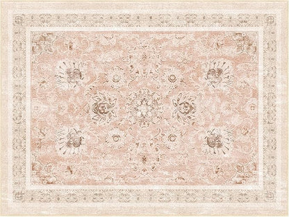 Phantoscope Washable Area Rug 9'x12' Non-Slip, Vintage Neutral Rugs for Living Room, Bedroom, Dining Room, Distressed Boho Floral Medallion Pattern, Low-Pile Foldable Floor Carpet, Soft Pink/Beige