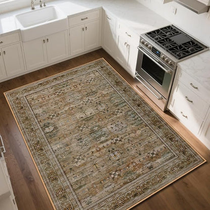 5x7 Washable Area Rug for Living Room Dining Room, Distressed Non Slip Vintage Floral Rugs for Bedroom, Traditional Indoor Floor Carpet for Dining Kitchen Farmhouse Brown with Green