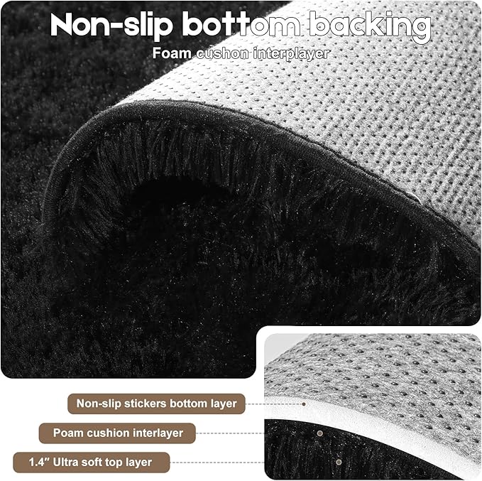 3x5 Black Rug for Bedroom Living Room, Fluffy Small Area Rug Soft Shag Carpet for Kids Boys and Girls Room with 4 Rugs Non-Slip Stickers Dorm Home Decor (3ft x 5ft)