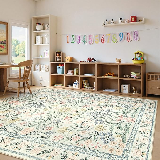 Lahome Boho Washable Girls Bedroom 9x12 Rugs, Beige Cream Floral Large Area Rugs for Bedroom, Soft Non-Slip Thin Carpet for Nursery Kids Playroom Dining Room Home, Beige