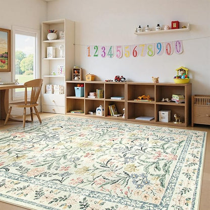 Lahome Boho Washable Girls Bedroom 9x12 Rugs, Beige Cream Floral Large Area Rugs for Bedroom, Soft Non-Slip Thin Carpet for Nursery Kids Playroom Dining Room Home, Beige