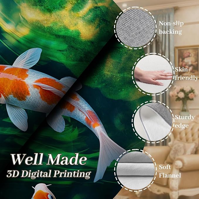 Green Pond Koi Fish Area Carpet, 5x6ft, 3D Realistic Underwater Koi Printed Carpets, Chinese Natural Landscape Soft Low Pile Rug, with Non Slip Backing Pet Friendly Rugs for Entryway