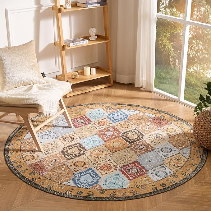 Phantoscope Washable Round Area Rug 6ft Non-Slip, Vintage Boho Rugs for Living Room, Bedroom, Dining Room, Distressed Moroccan Mosaic Diamond Pattern, Low-Pile Foldable Floor Carpet, Terracotta/Rust