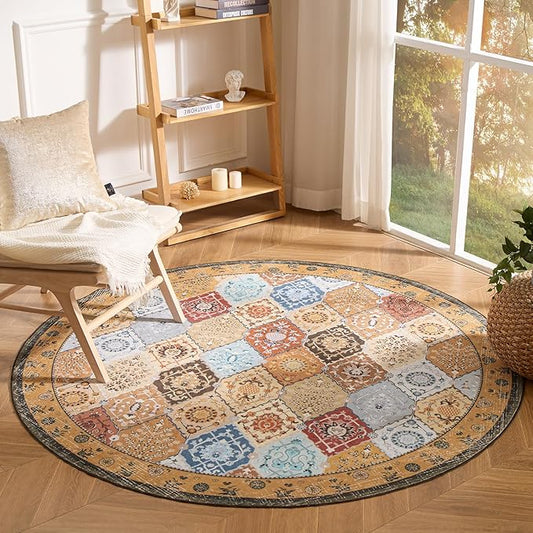 Phantoscope Washable Round Area Rug 6ft Non-Slip, Vintage Boho Rugs for Living Room, Bedroom, Dining Room, Distressed Moroccan Mosaic Diamond Pattern, Low-Pile Foldable Floor Carpet, Terracotta/Rust