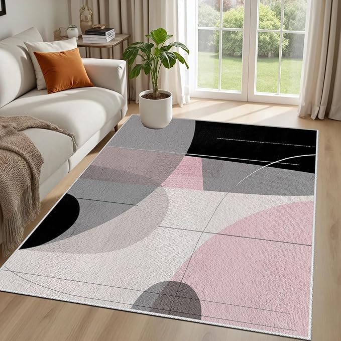 Abstract Art Line Living Room Area Rugs 4x5, Modern Boho Geometric Print Rug, Minimalist Washable Non Slip Neutral Soft Carpet for Bedroom, Dining Room Office Playroom, Black Gray