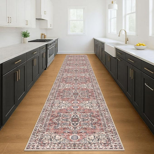 KOZYFLY Runners for Hallways 3x18 Ft Extra Long Washable Faux Wool Thin Runner Rug Printed Stair Carpet for Entryway Bedroom Kitchen Hallway Living Room, Terracotta/Beige
