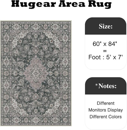 HUGEAR Retro Black Area Rug 5x7 Machine Washable Living Room Rugs Distressed Vintage Floral Low Pile Carpet Bedroom Office Dining Room Laundry Room Non Slip Soft Lightweight
