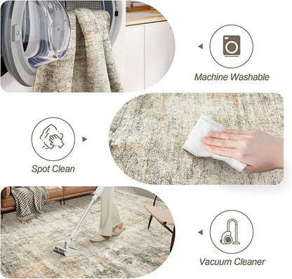 6x9 Abstract Area Rugs for Living Room 6 x 9 Washable Non Slip Low Pile Rugs for Bedroom Dining Room Foldable Thin Brown Grey