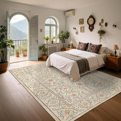 GarveeHome Boho 8x10 Area Rugs for Living Room, Floral Vintage Rugs for Bedroom with Soft Low Pile, Non Slip Stain Resistant Washable Rug 8x10 for Dining Room Camel Large Carpet for Office Playroom