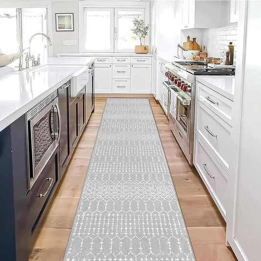 Lahome Moroccan Washable Rug Runner 2x10 Non-Slip Runner Rug for Kitchen Stain Resistant Grey Carpet Runners for Hallway 10 Ft, Modern Geometric Print Soft Floor Carpet for Bathroom Entryway Foyer