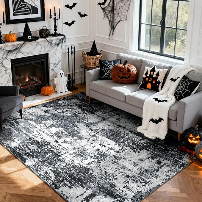 Washable Area Rugs 8'x10' Non-Slip Modern Abstract Soft for Living Room Entryway Bedroom Nursery, Print Pattern, Black Gray