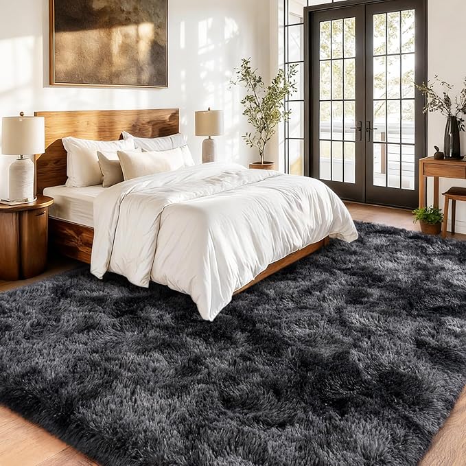 Shaggy Soft Fluffy Rug Non-Slip Indoor Floor Carpet for Living Room Anti-Skid Indoor Carpet Tie-Dyed Black Grey 5x7 Feet