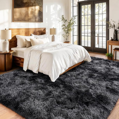 Shaggy Area Rugs, Fuzzy Rugs for Living Room, Soft Nursery Area Rug for Girls, Tie Dye Black Gray Plush Area Rugs Non Slip, Fluffy Rug Carpet 8x10ft