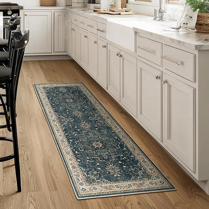 Farmhouse Entryway Rugs 2x6, Low Pile Kitchen Runners Washable Non Slip, Distressed Medallion Printed Carpet Runners for Hallway/Bathroom/Bedroom Bedside/Laundry Room, Deep Blue/Multi