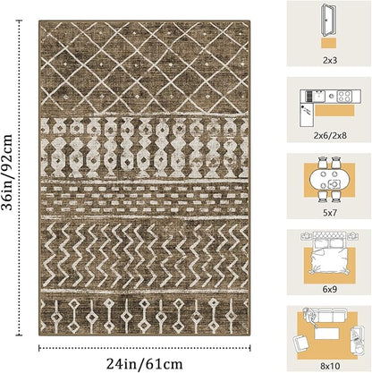2x3 Machine Washable Area Rug for Entryway, Brown Vintage Moroccan Rug Non-Slip Low Pile Soft Faux Wool Small Carpet, Kids and Pets Friendly for Bedroom Kitchen Hallway Bedside Home Decor Rug