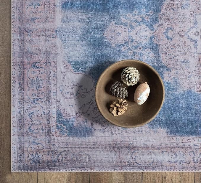 GLN Rugs Traditional Collection - Machine Washable Area Rug, Traditional Washable, Non Slip, Low Pile Chenille Rug, Living Room, Bedroom, Kitchen Rug (6' x 9' Cream/Navy)
