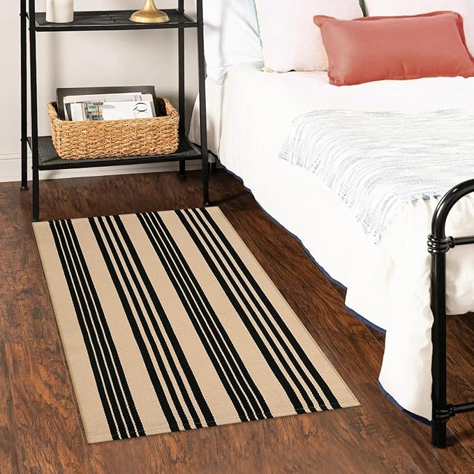 Black and Khaki Striped Rugs 2.3'x3.6', Washable Hand Woven Front Door Rug, Reversible Outdoor Welcome Mat Foldable Layered Door Mats for Entryway Porch Decor Home Entrance
