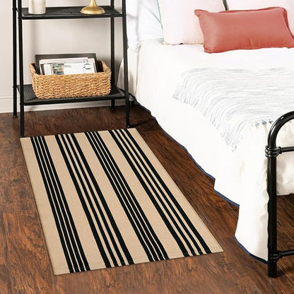 Black and Khaki Striped Rugs 2.3'x3.6', Washable Hand Woven Front Door Rug, Reversible Outdoor Welcome Mat Foldable Layered Door Mats for Entryway Porch Decor Home Entrance