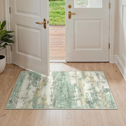 GENIMO 2x4 Entryway Runner Rug, Washable Runners for Kitchen, Indoor Entrance, Bathroom, Low Pile Small Carpet with Non Slip Backing, Abstract Modern Design, Light Green