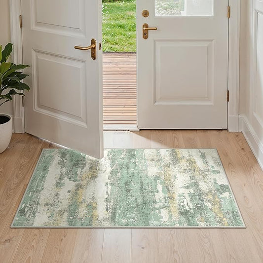 GENIMO 2x4 Entryway Runner Rug, Washable Runners for Kitchen, Indoor Entrance, Bathroom, Low Pile Small Carpet with Non Slip Backing, Abstract Modern Design, Light Green