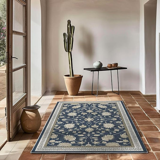 EVERGRACE Area Rugs for Living Room 3x5, Boho Floral Faux Wool Indoor Outdoor Rugs, Washable Rugs for Bedroom Entryway Dining Room Hallyway, Low Pile Floor Mat Carpet for Home Decor, Navy Blue