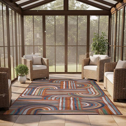 CAMILSON Indoor Outdoor Rug, Orange 6x9 Geometric Arch Striped Area Rugs for Patio and Home Areas, Easy-Cleaning Non-Shedding Living Room, Garden and Deck Washable Outside Carpet (6 x 9)