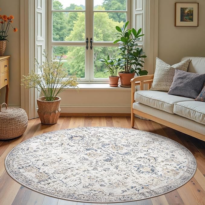 jinchan Kalen Round Rug 6ft Area Rug Washable Vintage Indoor Retro Floor Cover Distressed Floral 6' Round Circle Boho Non Slip Thin Carpet for Living Room Dining Room Bedroom Kitchen Blue