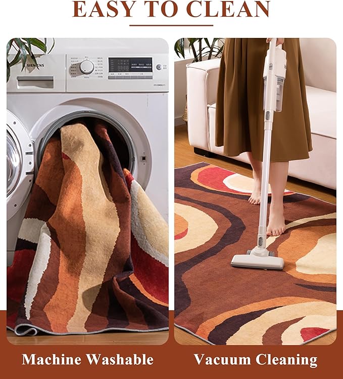 YIHOUSE Burnt Orange Rug 8x10 Washable,Alfombras para Salas,Farmhouse Brown Retro Carpets,Geometric Abstract Wavy Rug for Living Room,Unique Colorful Rugs for Bedroom,Dining Room
