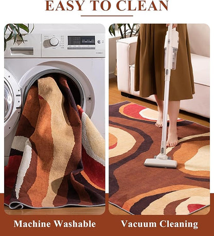 YIHOUSE Burnt Orange Rug 8x10 Washable,Alfombras para Salas,Farmhouse Brown Retro Carpets,Geometric Abstract Wavy Rug for Living Room,Unique Colorful Rugs for Bedroom,Dining Room