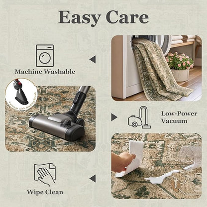 Moody 6x9 Area Rugs for Living Room, Low Pile Thin Washable Non Slip Rugs for Bedroom Dining Room, Vintage Medallion Distressed Carpet for Home Office Guest Room, Multi Brown/Slate Green