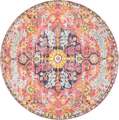Lahome Bohemian Floral Medallion Round Rug - 3Ft Small Hot Pink Round Area Rug for Girls Bedroom Nursery Mat, Boho Washable Soft Indoor Throw Entryway Carpet for Living Room Office Coffee Table