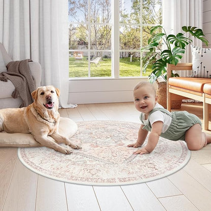 LIVEBOX Pink Round Rug 4ft - Machine Washable Circle Rug for Living Room, Non-Shedding Vintage Circular Carpet Bedroom, Low-Pile Floral Rugs Round for Girl's Room Entryway, Boho Rugs for Office