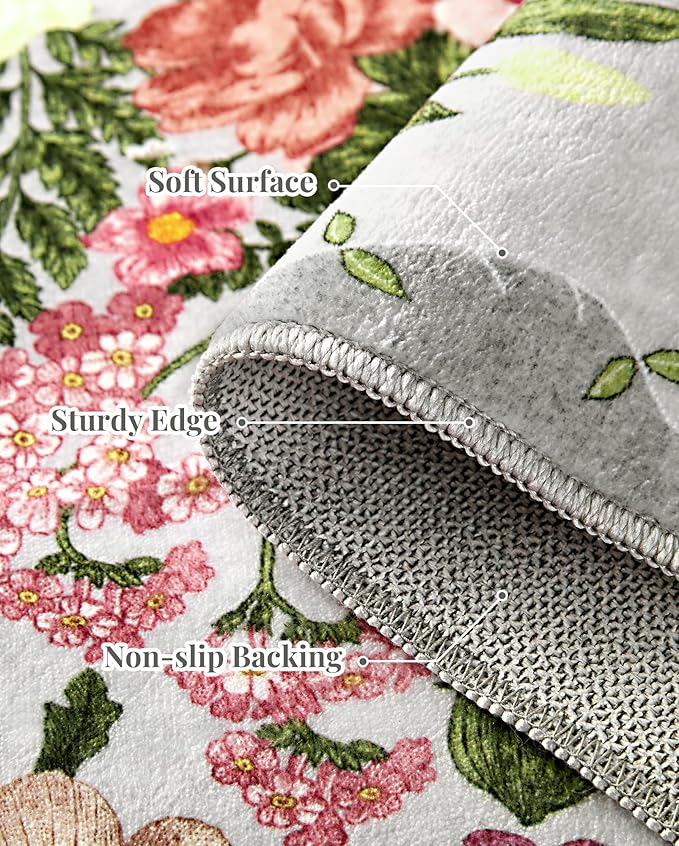 Floral Rugs for Living Room - 9x12 Soft Washable Area Rug Stain Resistant Ultra-Thin Non-Slip Low Pile Farmhouse Vintage Large Carpet for Bedroom Dining Room Nursery Home Office Decor, Grey