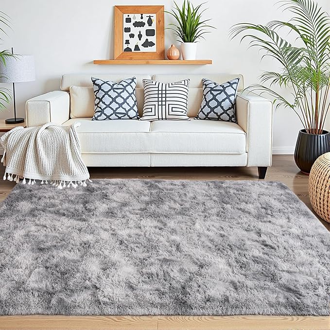 Beglad Fluffy Area Rugs 4x6 Feet, Modern Minimalist Style Shag Rugs, Non-Slip Indoor Carpet Soft Rugs for Bedroom, Living Room & Kids Room, Tie-Dyed Light Grey