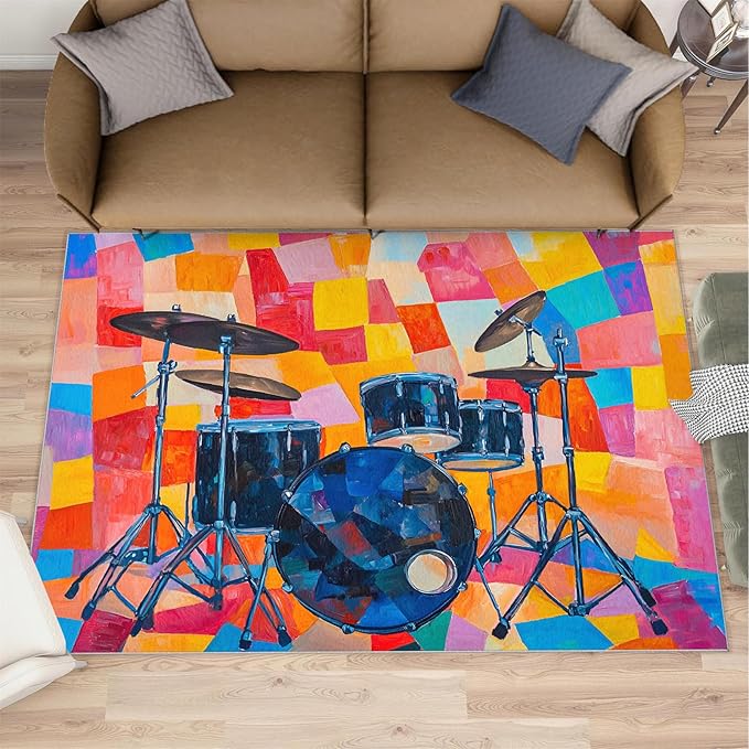 3x6 Drum Set Bedroom Rug Under Bed - Abstract Art Kids Room Rugs, Pop Art Bedroom Runner Rug Soft Washable for Living Room Kitchen