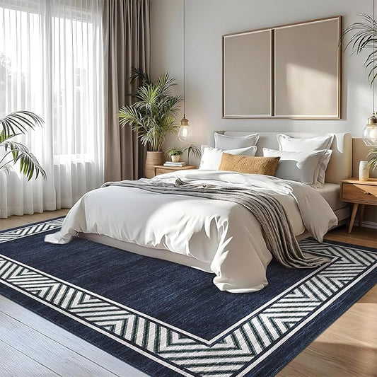 GarveeHome Modern Rugs for Living Room 8x10 Large Bordered Floor Mats with Non-Slip Backing, Stain-Resistant Bedroom Carpet, Foldable Geometric Indoor Rug for Dining Room, Kitchen, Navy Blue