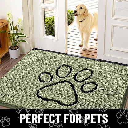 Smiry Dog Door Mat for Muddy Paws, Absorbent Dirt Trapper Non Slip Quick Dry Washable Chenille Mat for Mud Dogs, Entry Rug for Indoor and Outdoor (30x20 Inches, Sage Green and Black)