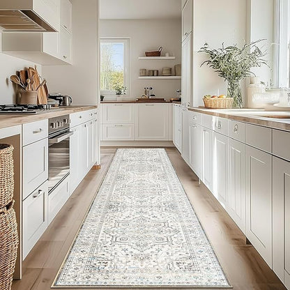 Enkor Runner Rugs for Hallway, 2.6x10.5 Washable Soft Non Slip Floor Rugs for Kitchen, Modern Mat for Living Room Bedroom Entryway White & Grey