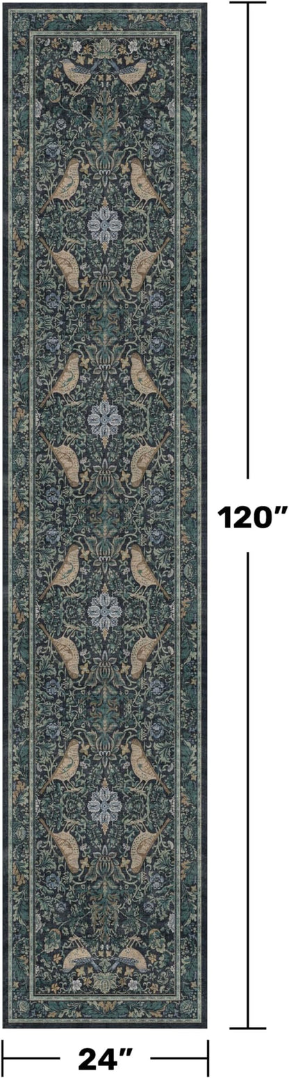 Washable 2x10 Extra Long Runner Rugs for Hallyway - Blue and Green Low Plie Indoor Rugs for Entryway, Floral Non Skid Waterproof Kitchen Floor Mats, Nature Leaf & Bird Décor