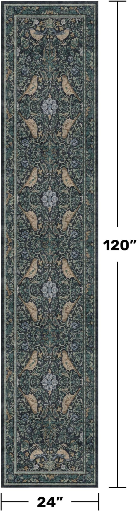 Washable 2x10 Extra Long Runner Rugs for Hallyway - Blue and Green Low Plie Indoor Rugs for Entryway, Floral Non Skid Waterproof Kitchen Floor Mats, Nature Leaf & Bird Décor