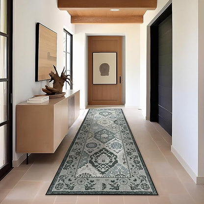 Phantoscope Washable Runner Rug 2'x10' Non-Slip, Vintage Boho Hallway Rugs for Entryway, Stair, Bedroom, Distressed Moroccan Mosaic Diamond Pattern, Low-Pile Foldable Floor Carpet, Grey Charcoal