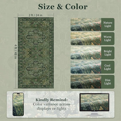 Dark Green 2x4 Entryway Small Rug, Retro Distressed Medallion Door Mat Indoor Entrance Entry Way, Washable Non Slip Low Pile Thin Runner Rug for Kitchen Floor Sink Area Bathroom