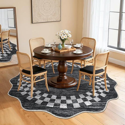 GarveeHome Scalloped Round Rug 4ft Modern Solid Color Circle Rugs Non Slip Low Pile Living Room Throw Carpat Washable Bedroom Scalloped Round Area Rug Stain Resistant Bordered Rug for Kitchen, 4'x4'