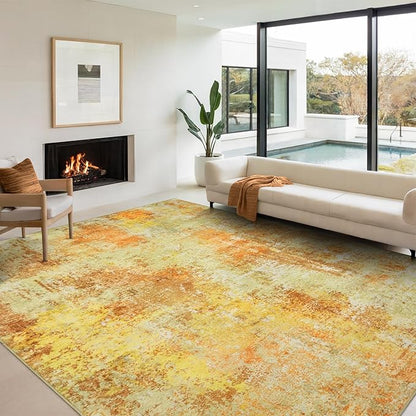 Washable Area Rugs for Living Room 9x12 - Large Neutral Modern Abstract Rug, Soft Low Pile Carpet with Non Slip Backing for Under Dining Room Table, Bedroom, Home, Office, Dorm - Yellow Brick