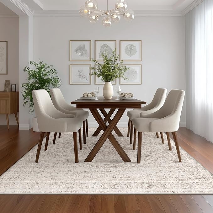 Fmfunctex 8x10 Washable Area Rug Beige Vintage Neutral Distressed Oriental Large Non Slip Carpet for Living Room Bedroom Soft Low Pile Indoor Mat Retro Throw Rug for Dining Room Kitchen Office Nursery